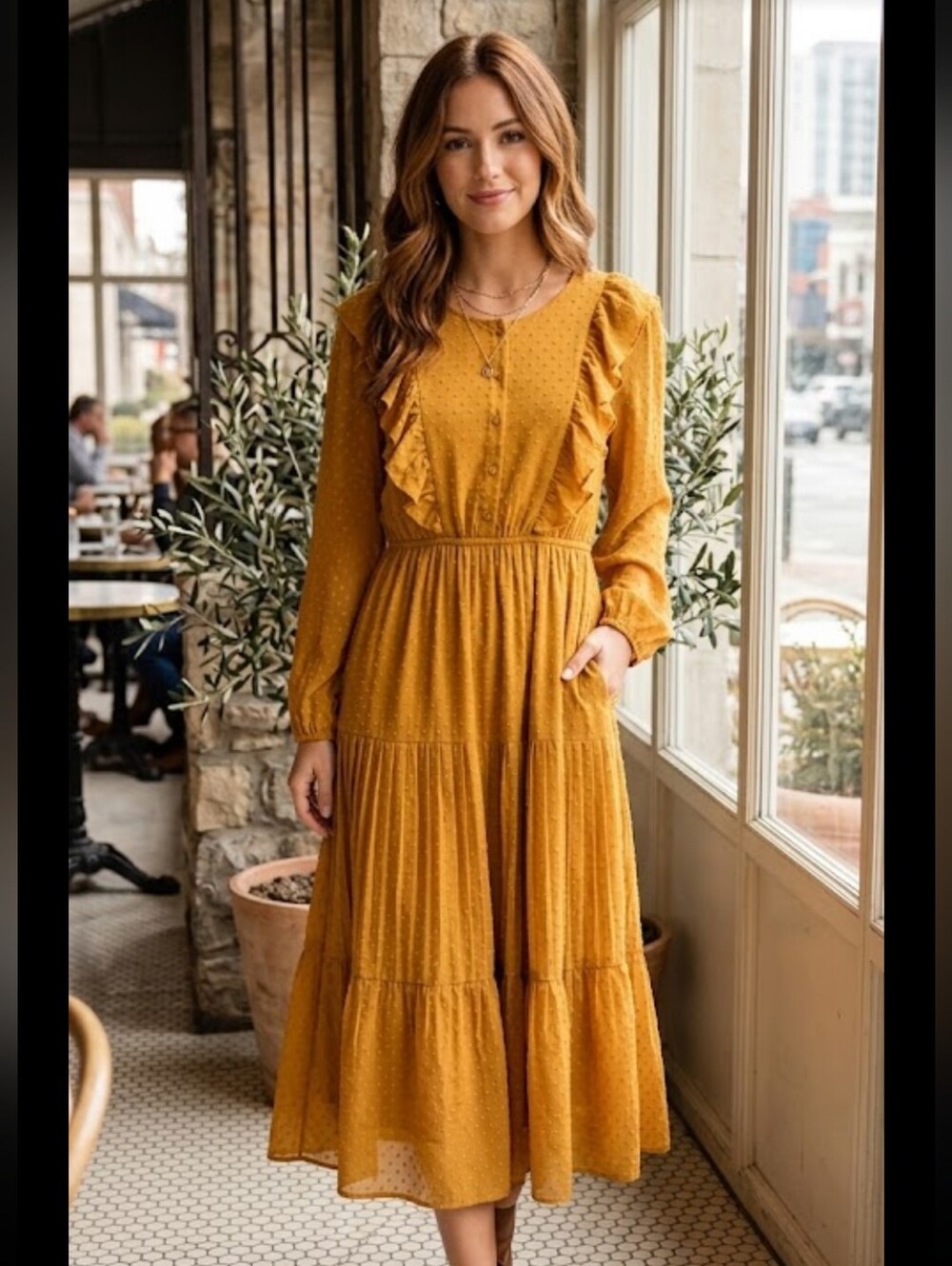 Hayden Midi Dress Size Medium Yellow Gold Ruffle Button Bodice Long Sleeve